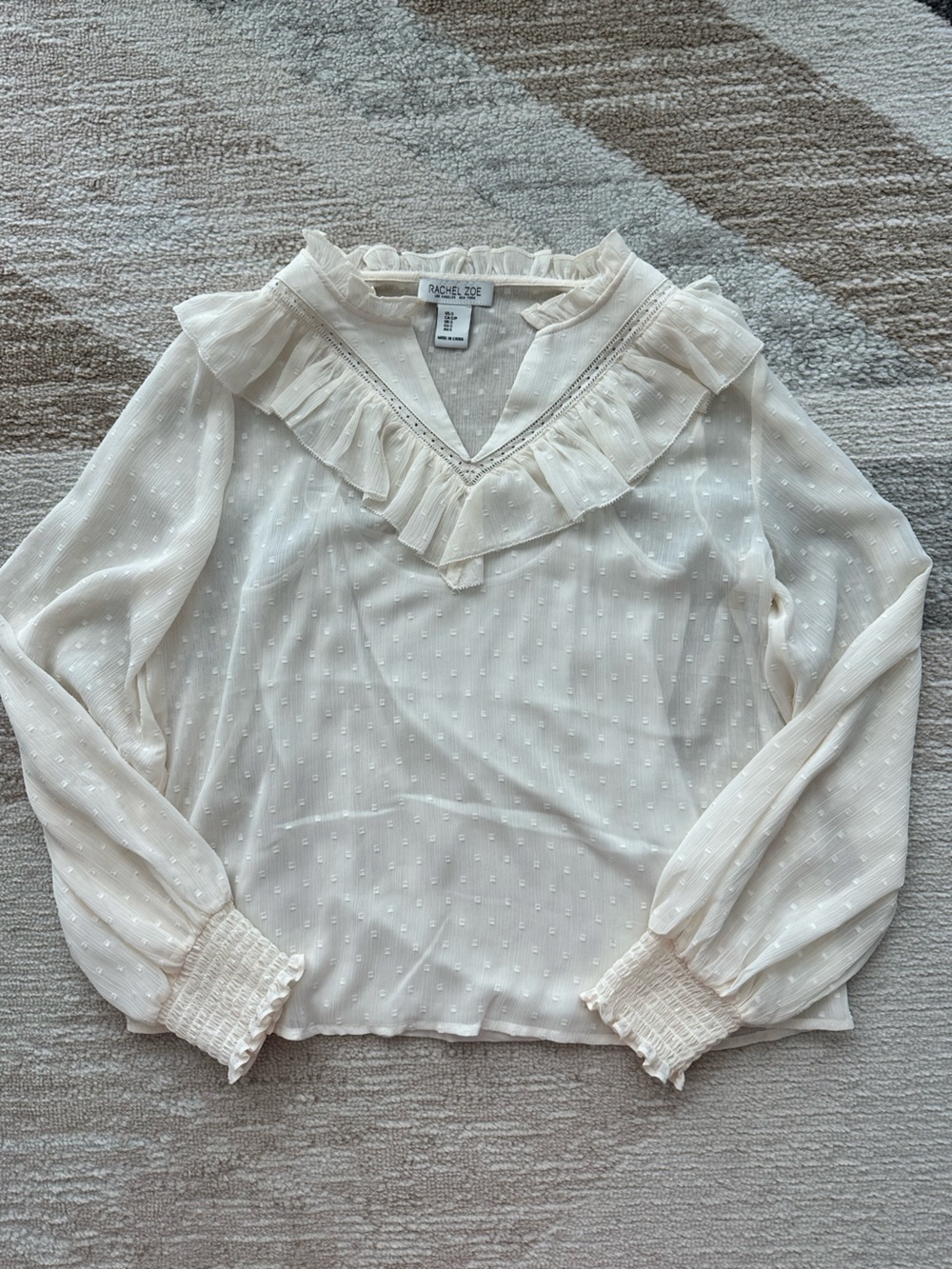 Rachel Zoe Cream Ruffle V-Neck Swiss Dot Blouse Size S